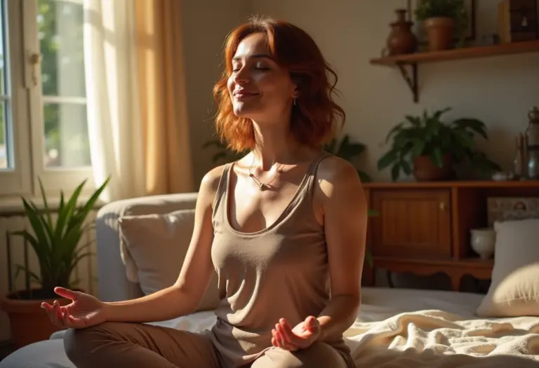 Mulher brasileira meditando em casa para aliviar o stress