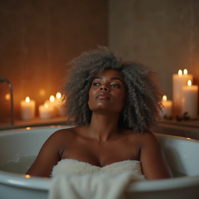 Mulher brasileira plus-size relaxando em uma banheira com velas.