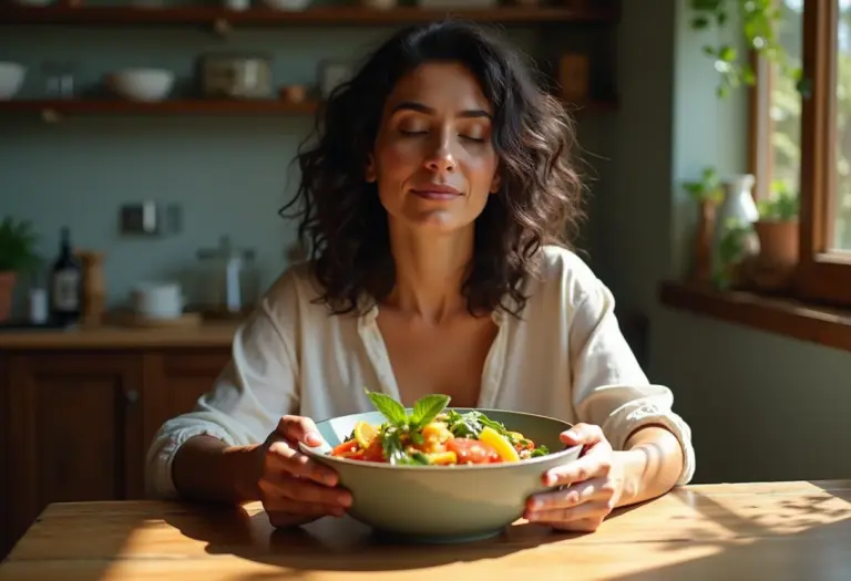 Mulher brasileira praticando mindful eating.