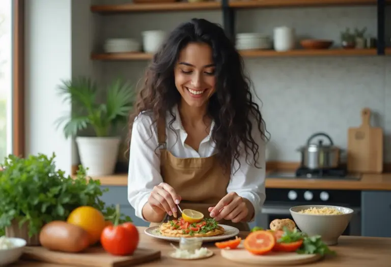 Mulher brasileira preparando refeição rica em carboidratos complexos