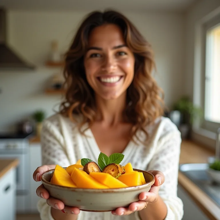 Mulher brasileira saboreando esfiha de manga com maracujá