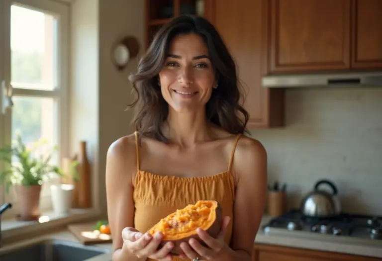 Mulher brasileira segurando batata doce assada na cozinha