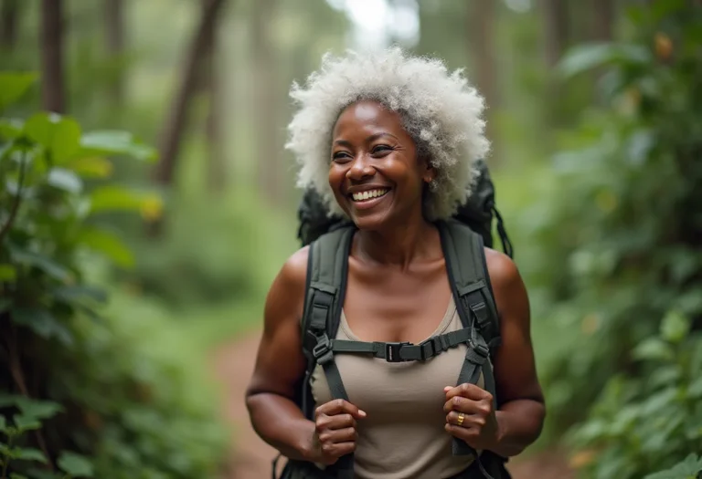 Mulher brasileira sênior fazendo trilha com confiança