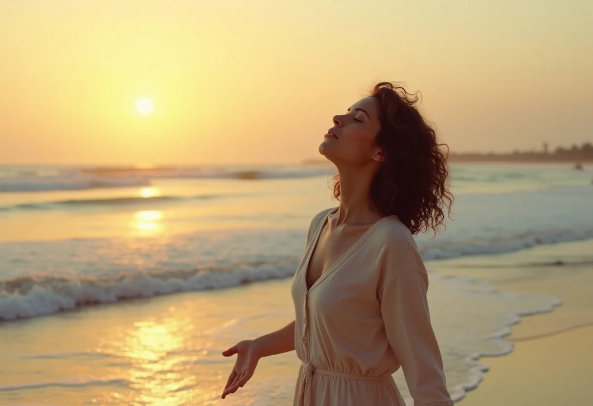 Água do mar no bem-estar: o segredo que as praias escondem Mulher brasileira sentindo a brisa do mar ao pôr do sol.
