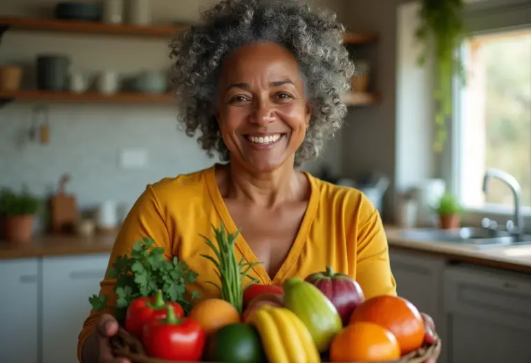 Mulher brasileira sorrindo com alimentos nutritivos