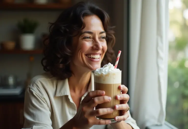 Mulher brasileira sorrindo com café gelado.