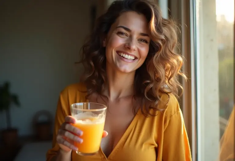 Mulher brasileira sorrindo com copo de vinagre de maçã