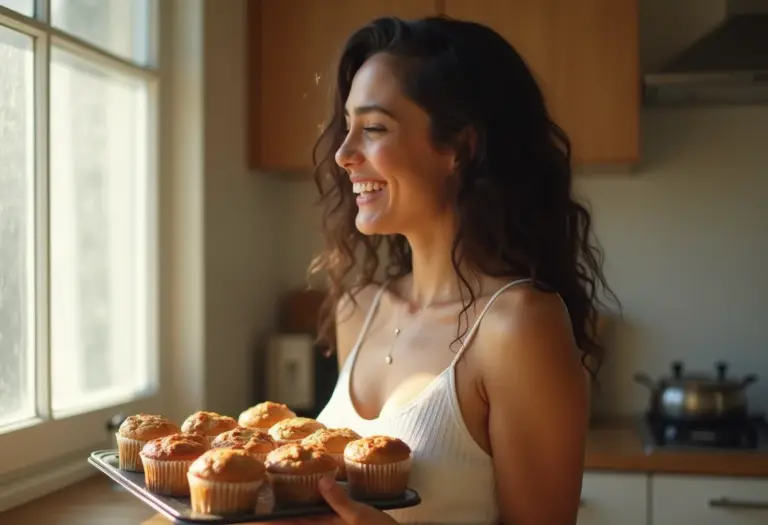 Mulher brasileira sorrindo com muffins caseiros