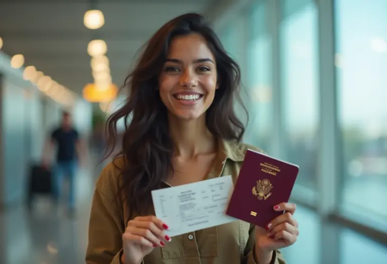 Mulher brasileira sorrindo com passaporte e passagem aérea