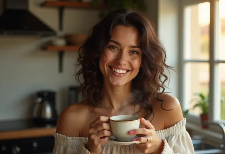 Mulher brasileira sorrindo com xícara de chá mate na cozinha.