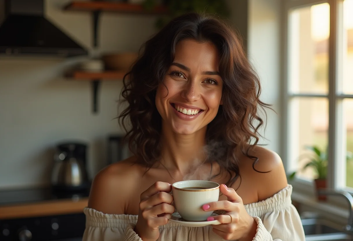 Chá Mate: O segredo para mais energia e foco no seu dia a dia Mulher brasileira sorrindo com xícara de chá mate na cozinha.