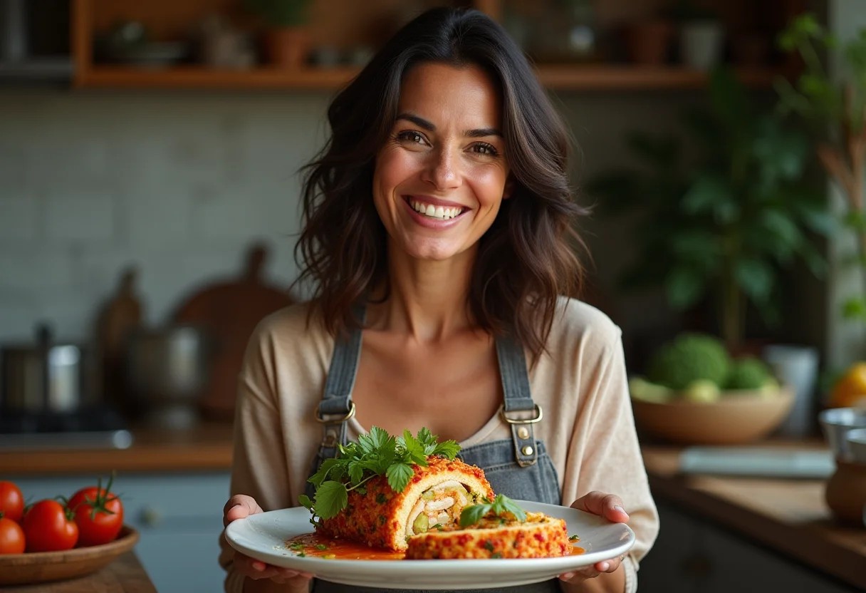 Terrine de Legumes: Segredo para impressionar sem complicação Mulher brasileira sorrindo e apresentando terrine de legumes.