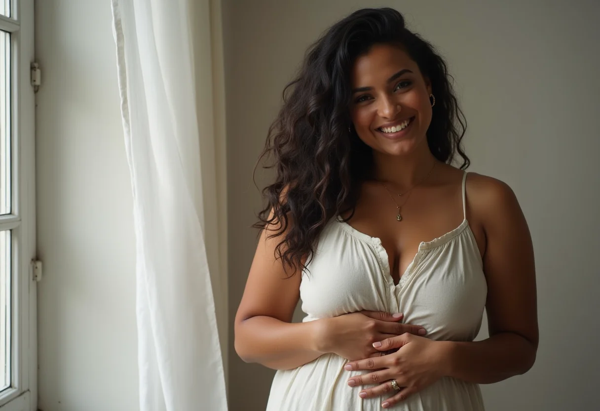 Inchaço abdominal: 5 causas que você precisa conhecer (e como evitar) Mulher brasileira sorrindo e relaxada, segurando a barriga.