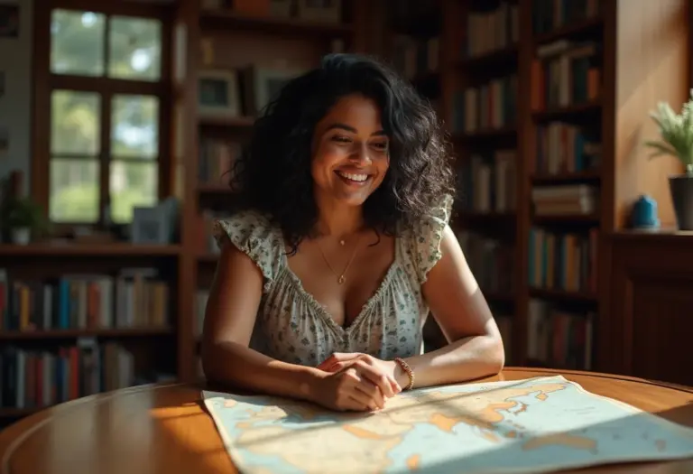 Mulher brasileira sorrindo em biblioteca com mapa antigo