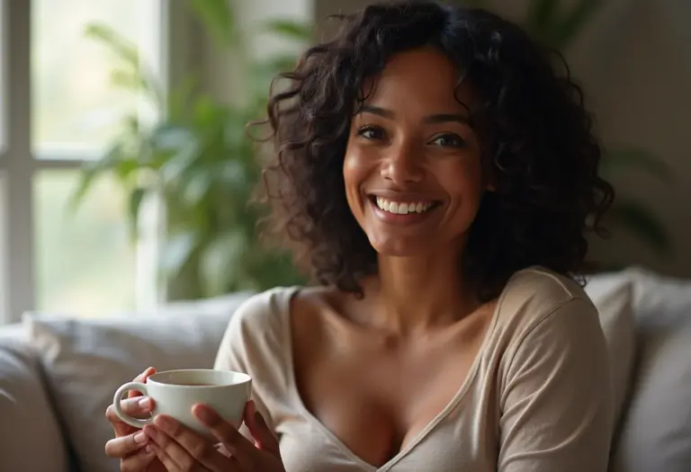 Mulher brasileira sorrindo em casa