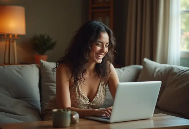 Mulher brasileira sorrindo em videochamada