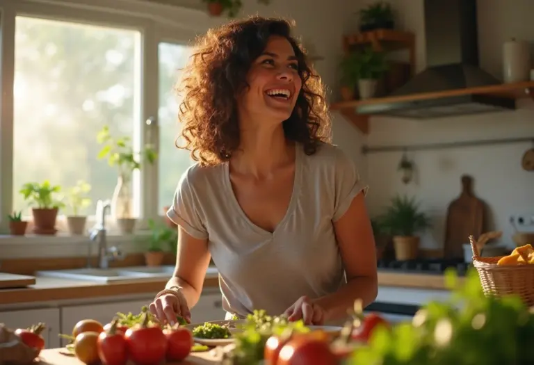 Mulher brasileira sorrindo enquanto cozinha comida saudável durante a radioterapia