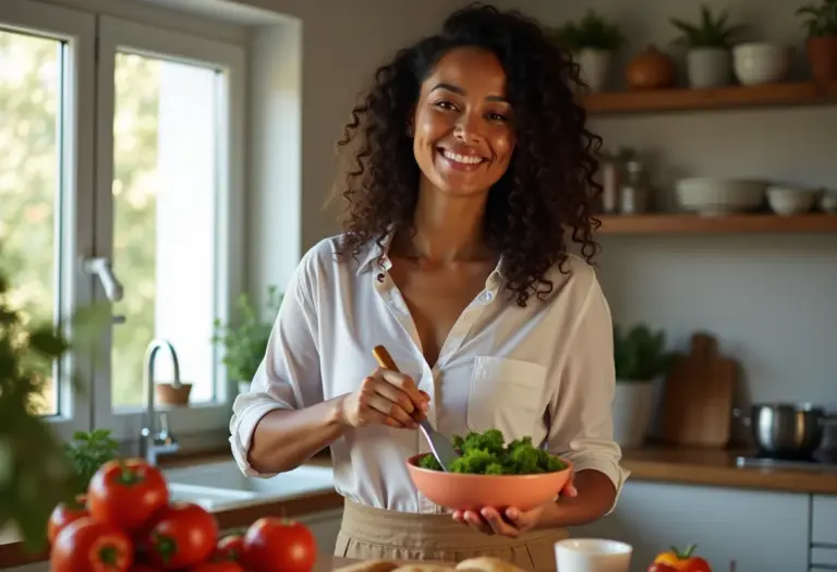 Mulher brasileira sorrindo enquanto cozinha refeição saudável