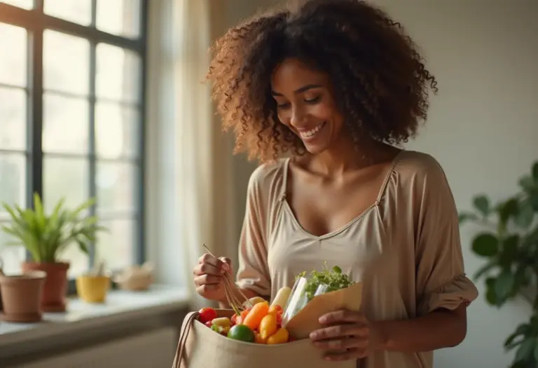 Mulher brasileira sorrindo enquanto prepara lanches saudáveis para levar na bolsa.