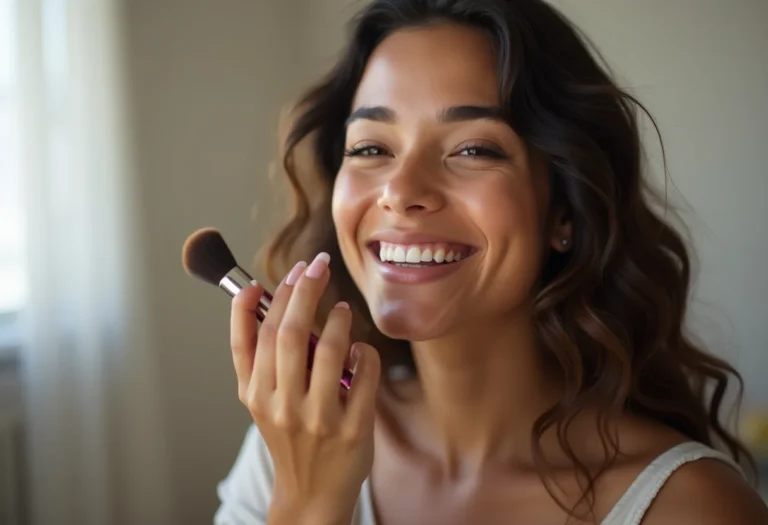 Mulher brasileira sorrindo enquanto se maquia para selfie