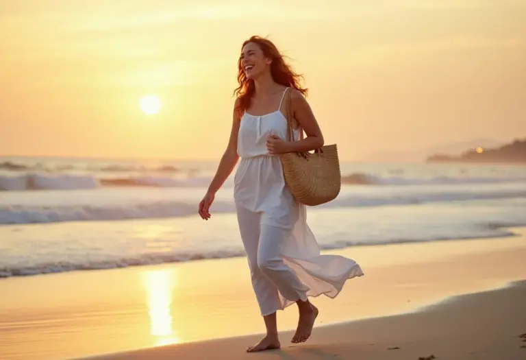 Mulher brasileira sorrindo na praia ao pôr do sol com vestido de linho.