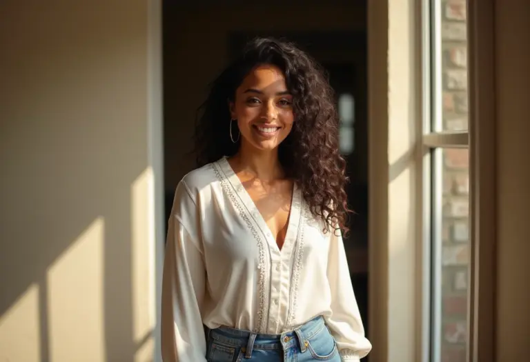 Mulher brasileira sorrindo usando blusa com lastex e calça jeans