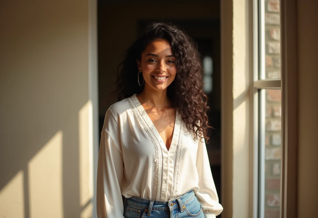 Blusa com Lastex: Guia fácil para iniciantes (e dicas de expert) Mulher brasileira sorrindo usando blusa com lastex e calça jeans