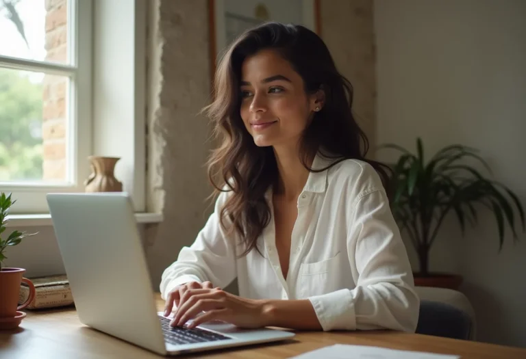 Mulher brasileira sorrindo usando laptop