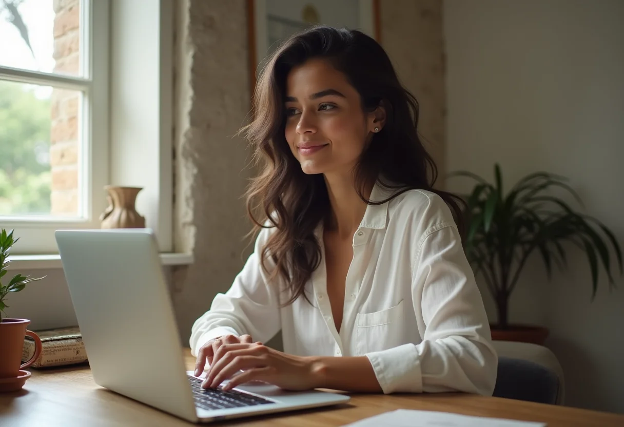 Formato de vídeo: O segredo para seu site bombar em 2024 Mulher brasileira sorrindo usando laptop
