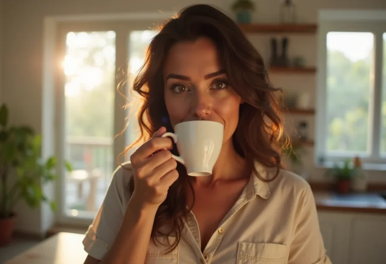 Mulher brasileira tomando café em cozinha minimalista e ensolarada