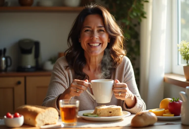 Mulher brasileira tomando chá de espinheira santa para digestão