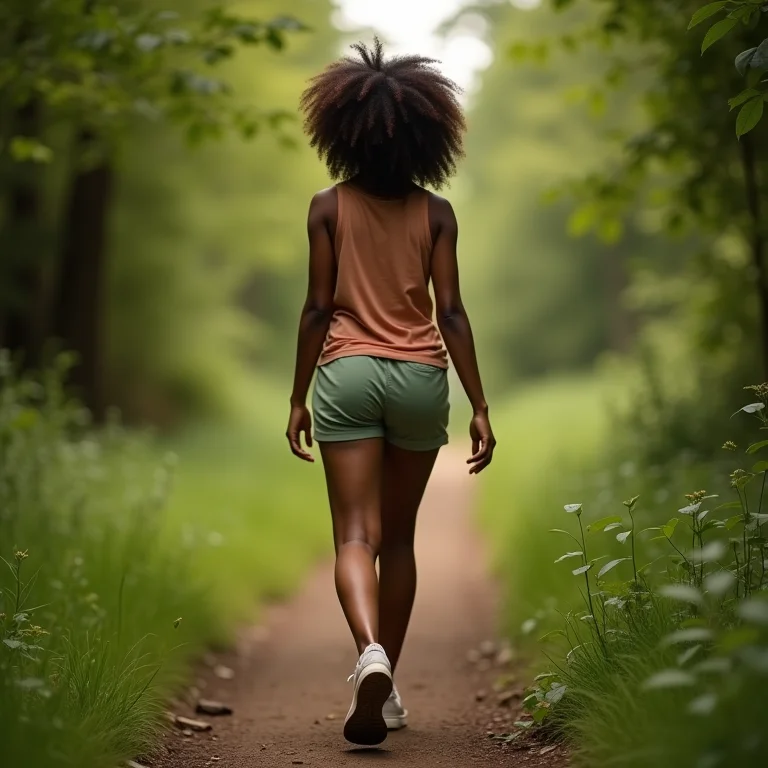 Mulher caminhando conscientemente na natureza