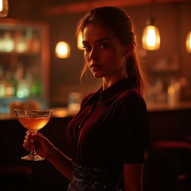 Mulher caucasiana com blusa de gola Peter Pan de veludo e saia de paetês