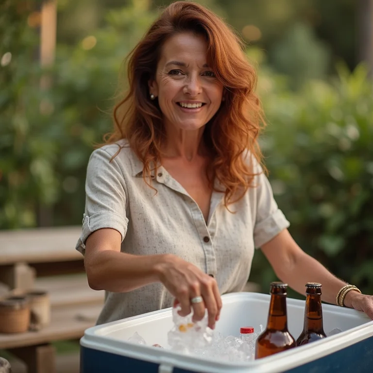 Mulher colocando gelo em cooler de bebidas