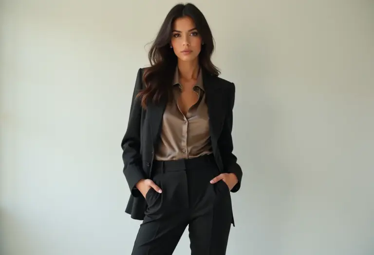 Mulher com corpo ampulheta vestindo blazer e calça de cintura alta
