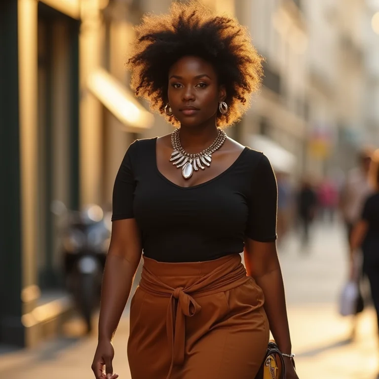 Mulher com corpo de pera usando saia evasê e colar chamativo