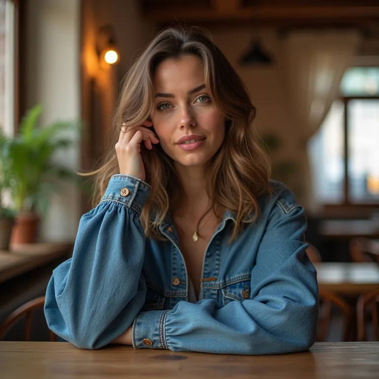 Mulher com jaqueta jeans e mangas bufantes, exibindo um look casual chic e estiloso em um café aconchegante.