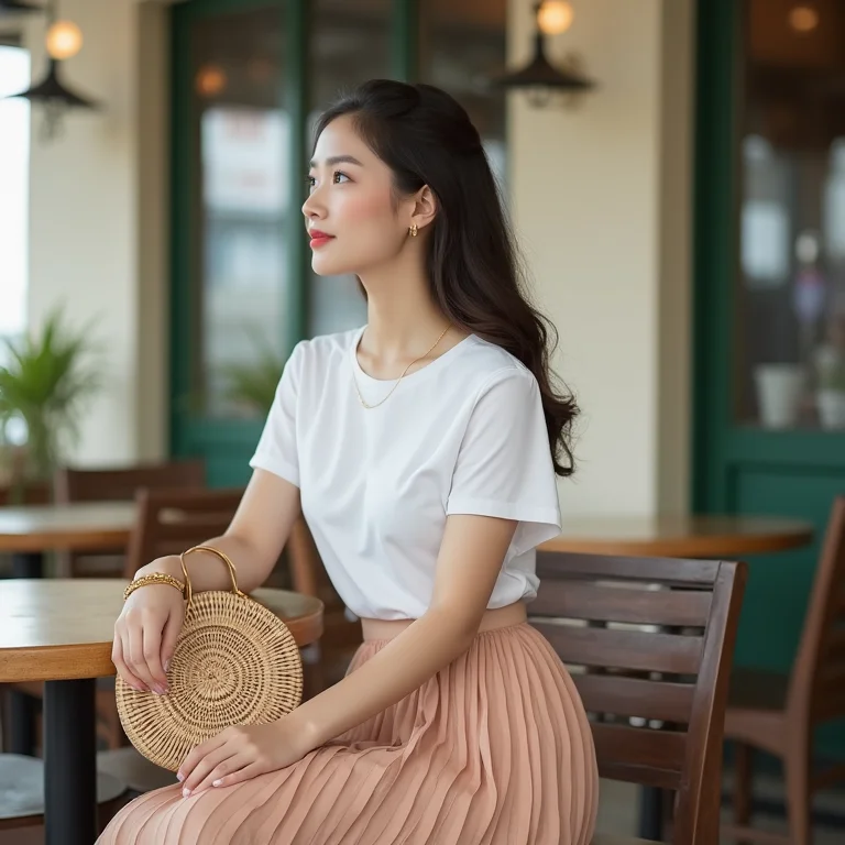 Mulher com saia midi e camiseta branca segurando bolsa de palha redonda em café ao ar livre