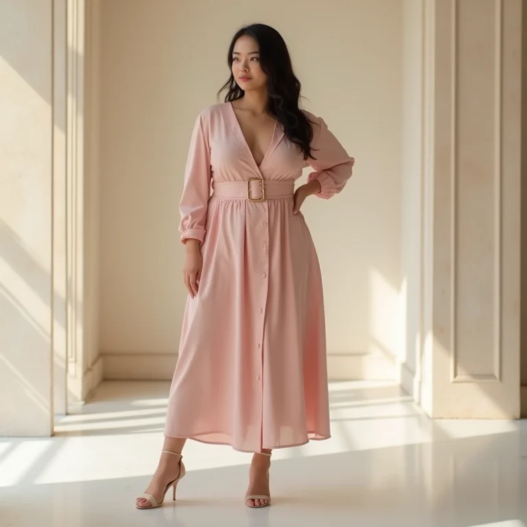 Mulher com silhueta triângulo invertido vestindo vestido rosa pastel evasê com cinto largo.