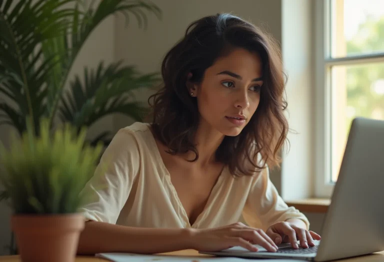 Mulher concentrada escrevendo TCC em casa