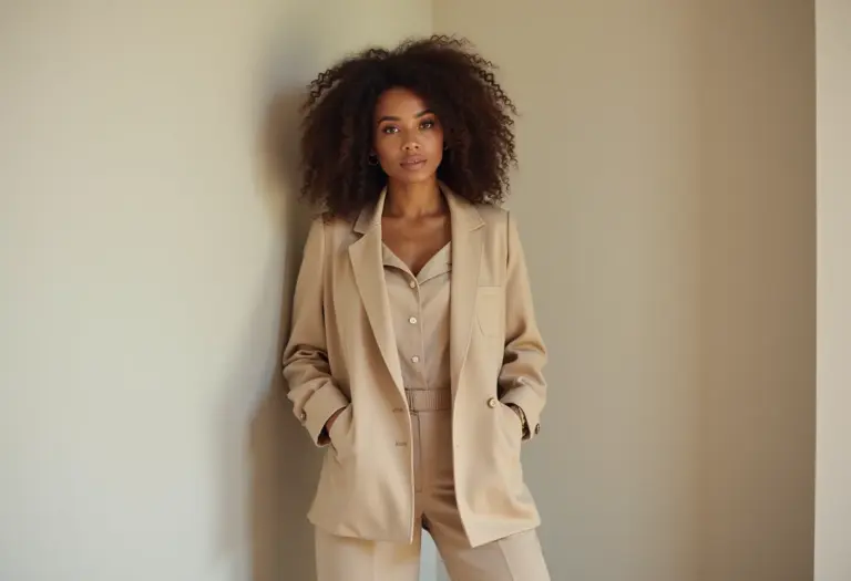 Mulher confiante usando elegante conjunto de alfaiataria bege