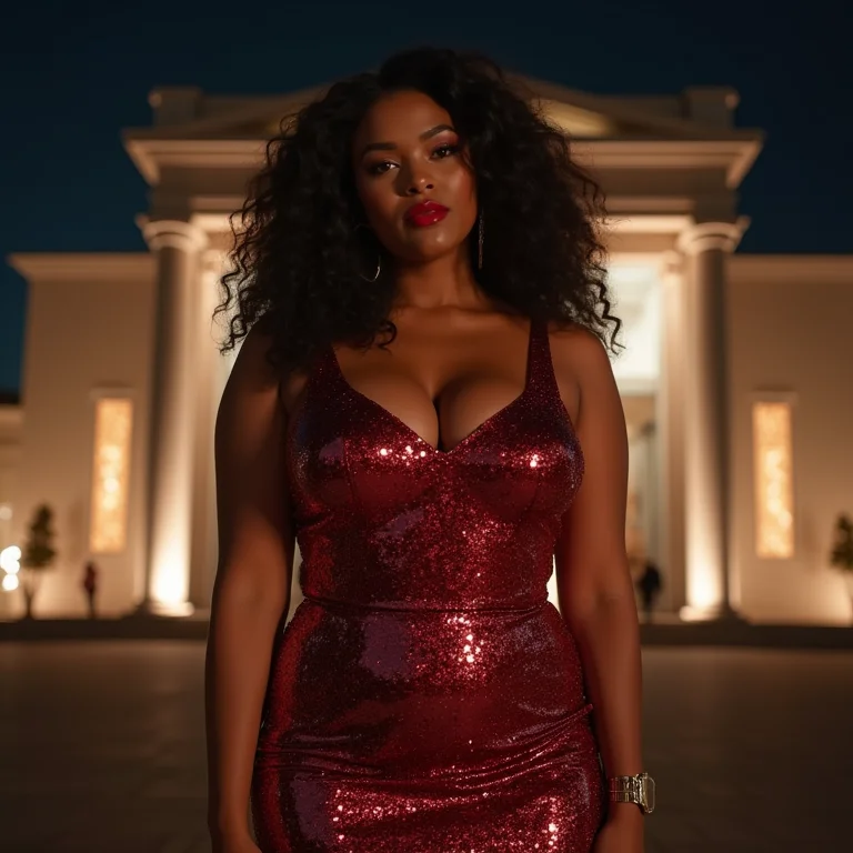 Mulher confiante usando um deslumbrante vestido midi de paetês para a noite