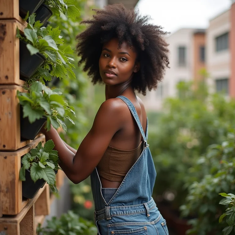 Mulher construindo jardim vertical com pallets na varanda