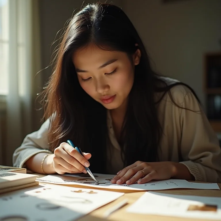 Mulher criando personagens para teatro de sombras