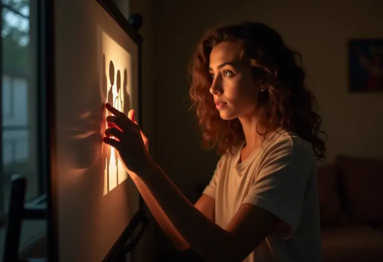 Mulher criando teatro de sombras em casa