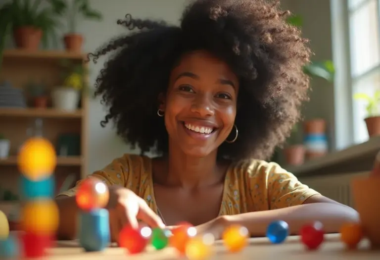 Mulher criando um circuito de bolinhas de gude artesanal.