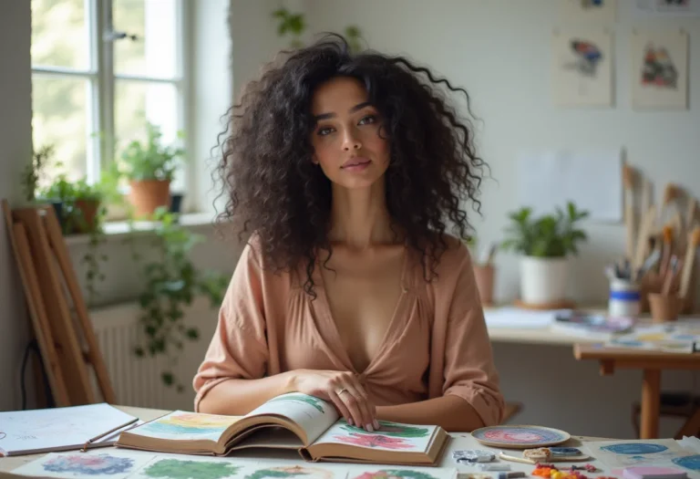 Mulher criando um livro de artista em seu ateliê.