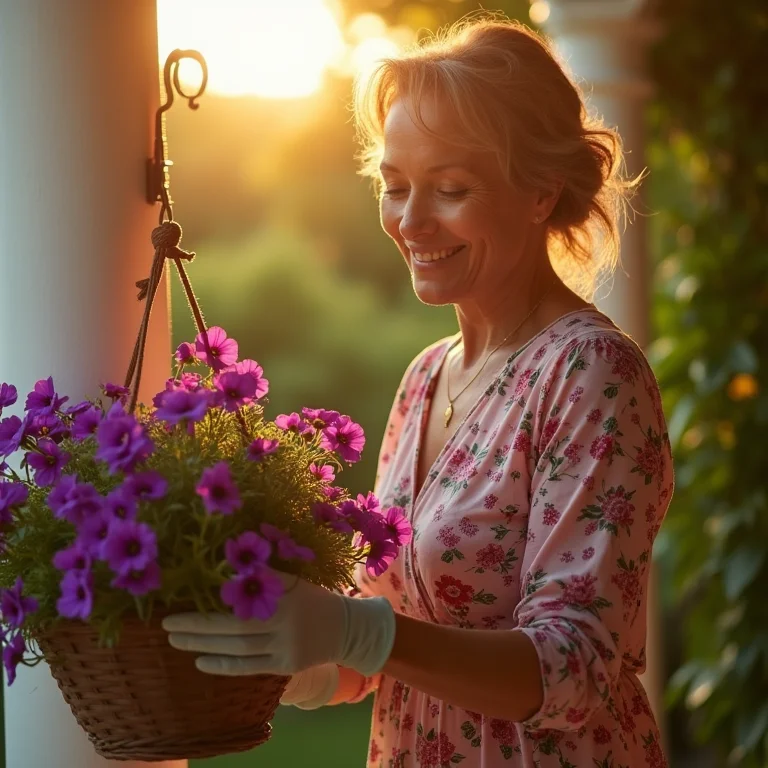 Mulher cuidando de petúnias roxas em um vaso suspenso.