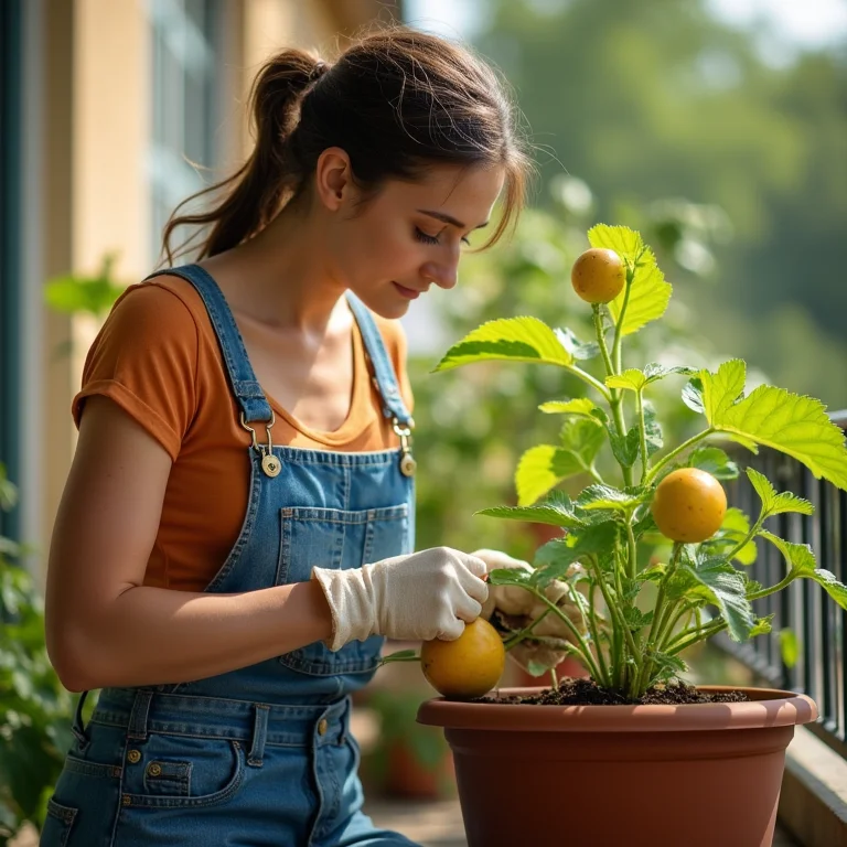 Mulher cuidando de planta de melancia amarela em vaso na varanda