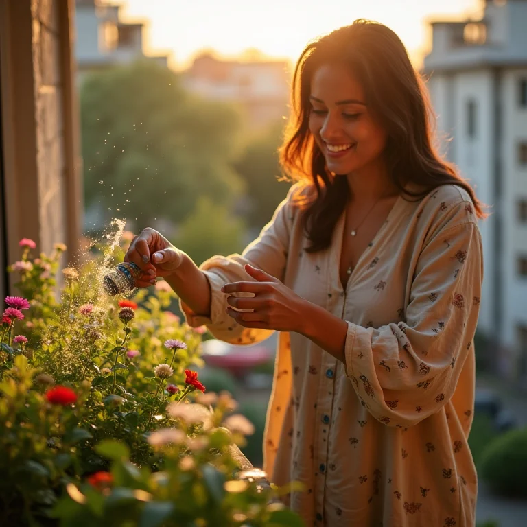 Mulher cuidando de seu jardim de flores em garrafas PET